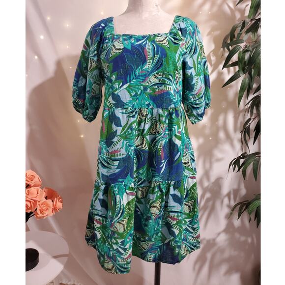 Mlle Gabrielle Tropical Smocked Tiered Square Neck Puff Sleeve Dress Size XL - Picture 1 of 11
